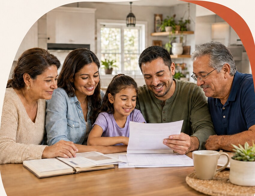 Familia revisando documentos reunida en casa